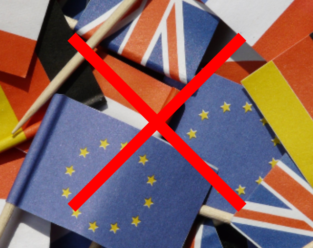 The picture displays various European flags adorned with a cross symbol, serving as a warning against wild camping in these areas