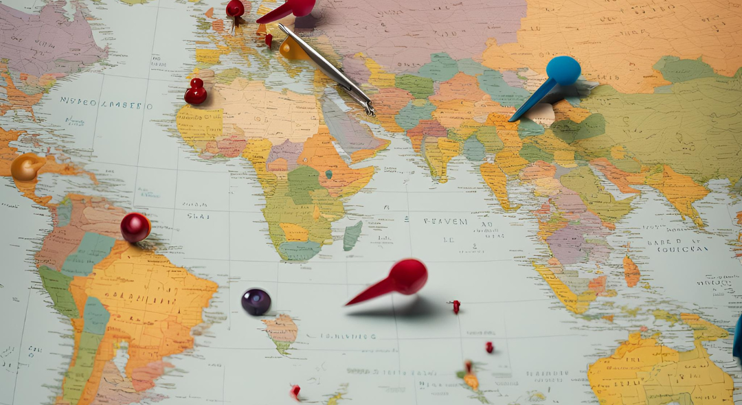 world map with pins displaying different options for destinations